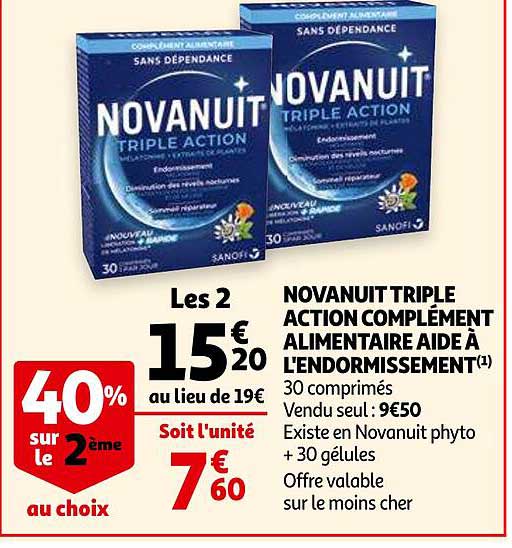 novanuit triple action complément alimentaire aide à l'endormissement 40% sur le 2ème