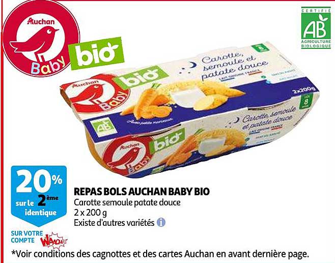 repas bols auchan baby bio 20% sur le 2ème identique