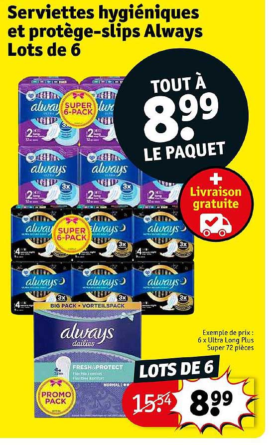 serviettes hygiéniques et protège-slips always lots de 6 x ultra long plus super 72 pièces