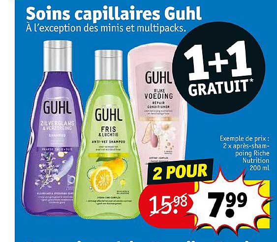 soins capillaires guhl 2 x après-shampoing riche nutrition 1+1 gratuit