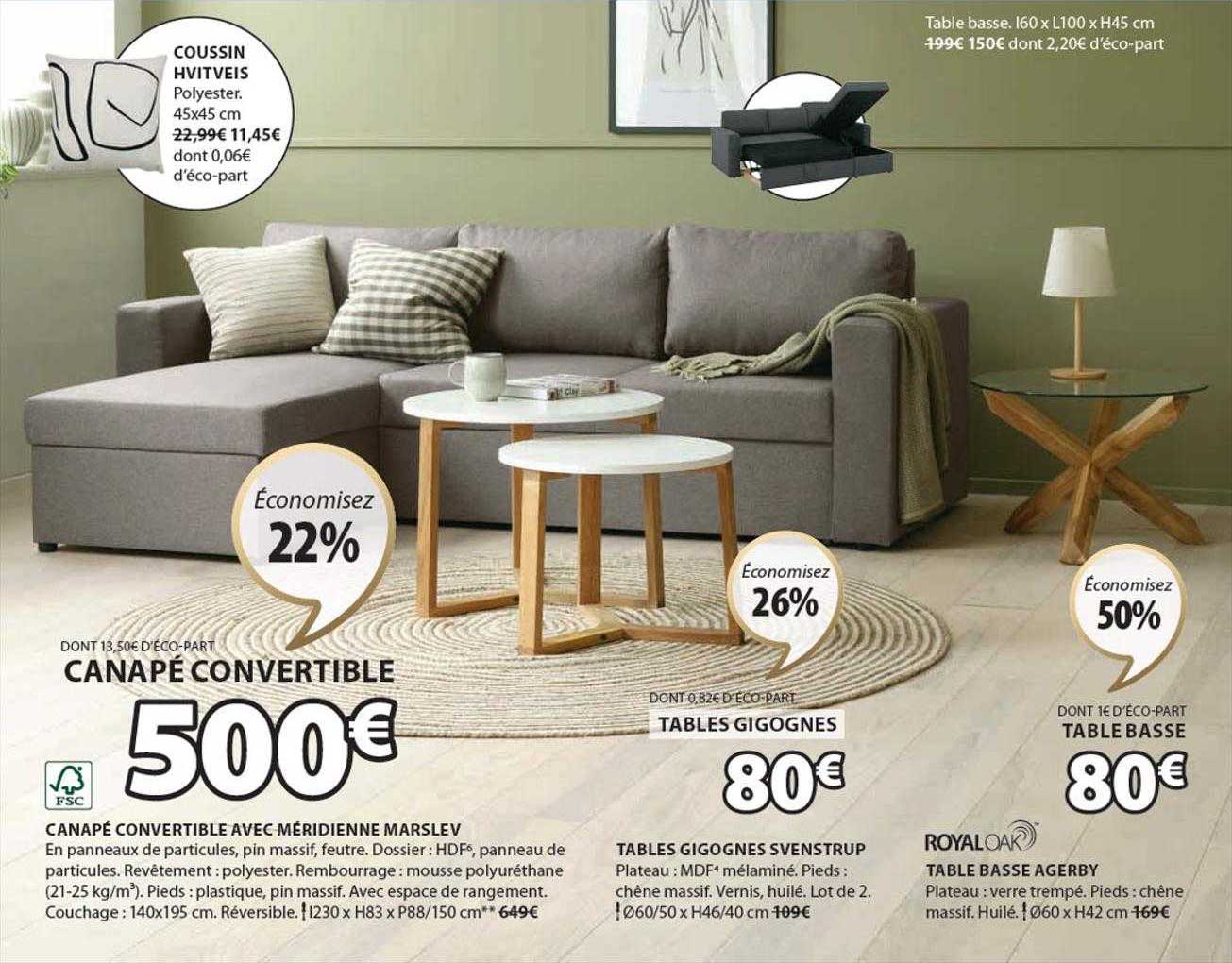 canapé convertible avec méridienne marslev, table gigogne svenstrup, table basse agerby royaloak