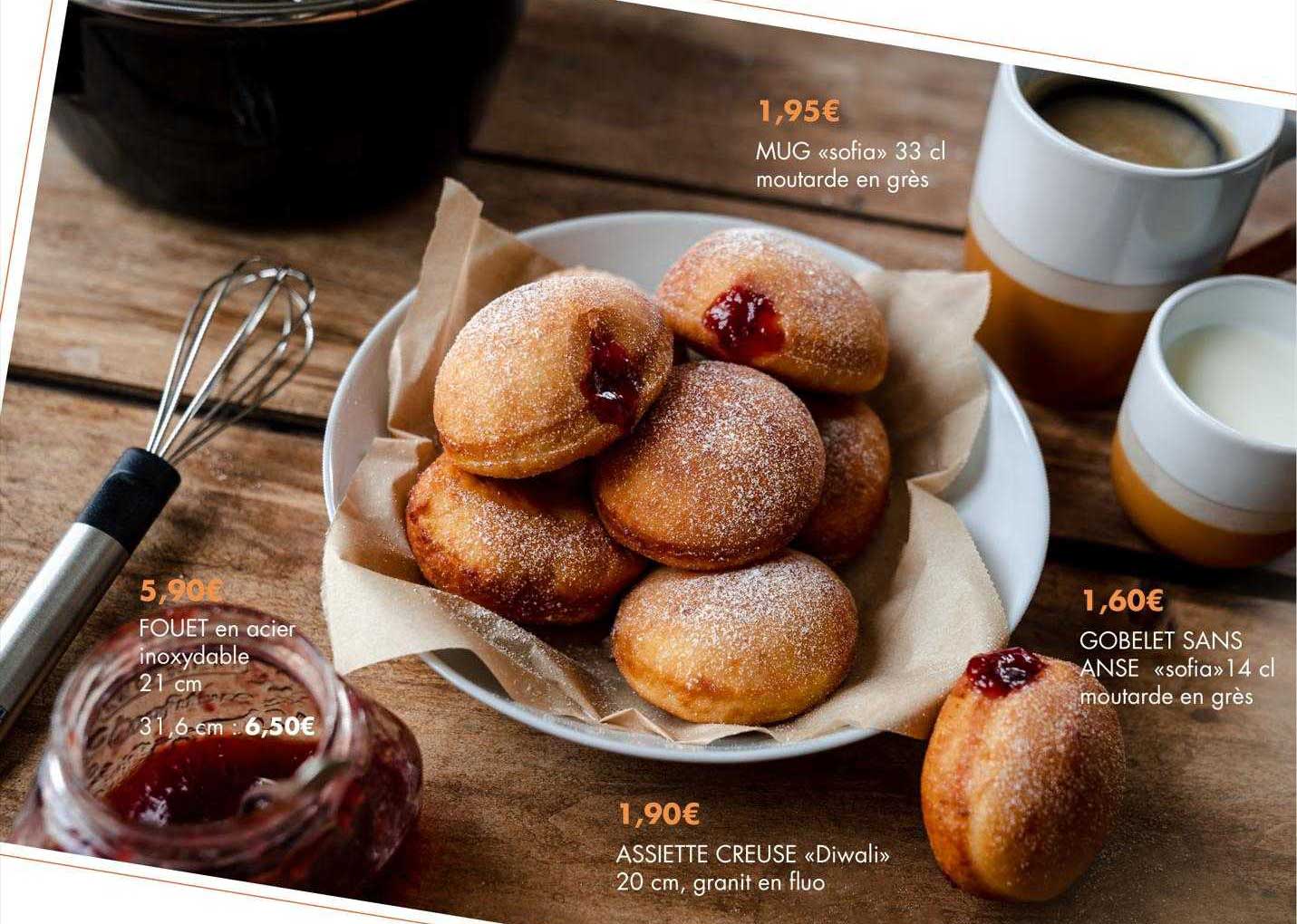 fouet en acier inoxydable 21 cm, assiette creusé «diwali», mug «sofia», gobelet sans anse «sofia»