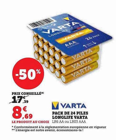 pack de 24 piles longlife varta