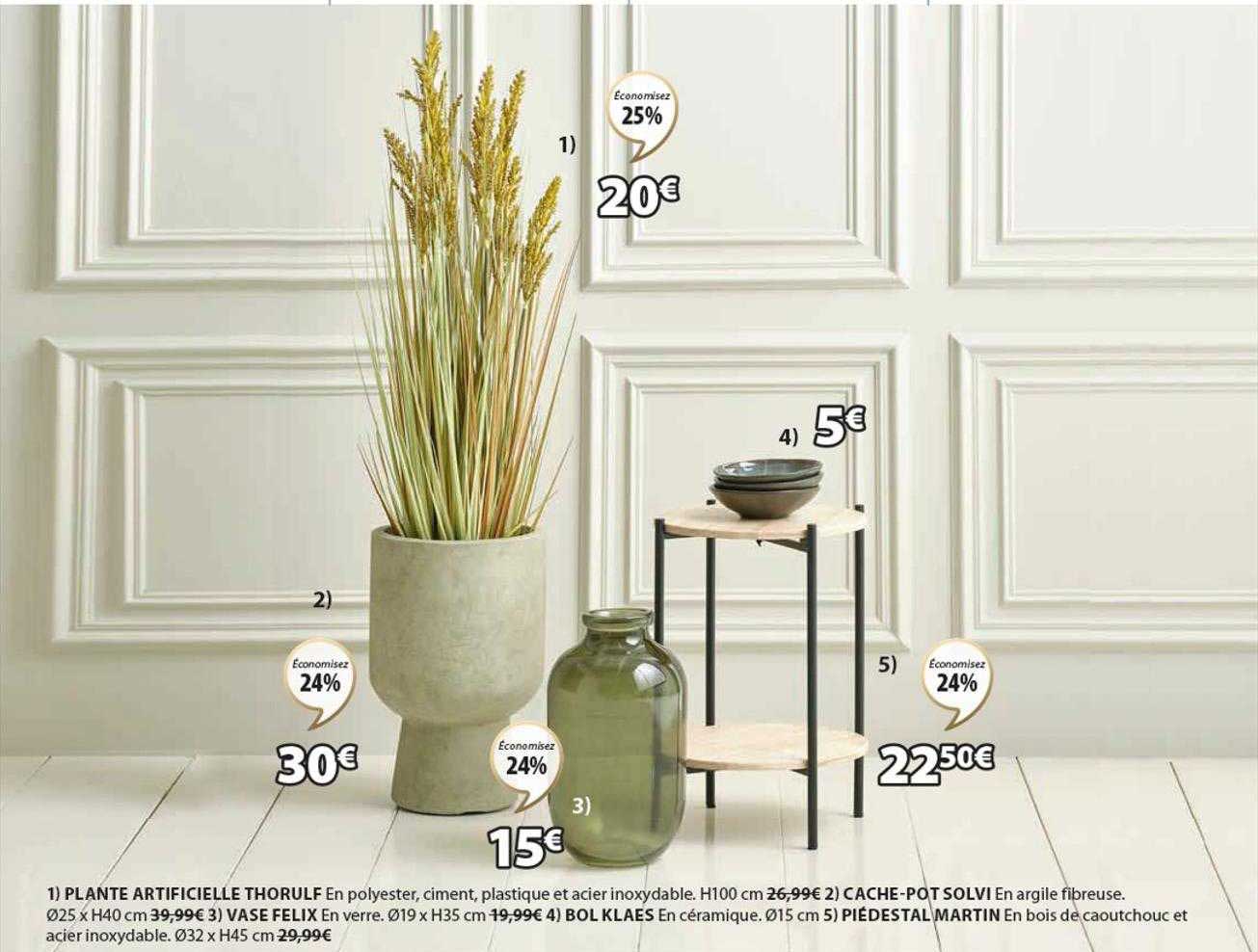 plante artificielle thorulf, cache-pot solvi, vase felix, bol klaes, piédestal martin