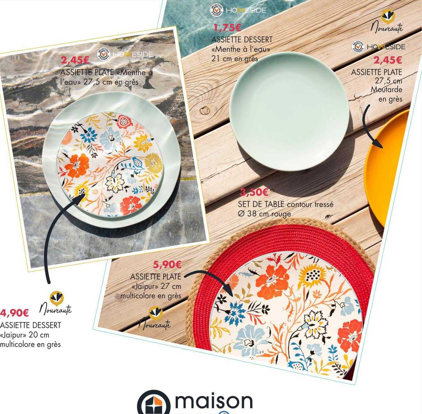 assiette plate «menthe à l'eau», assiette dessert «jaipur», assiette plate «jaipur», set de table contour tressé ø38 cm rouge, assiette dessert «menthe à l'eau», assiette plate homeside