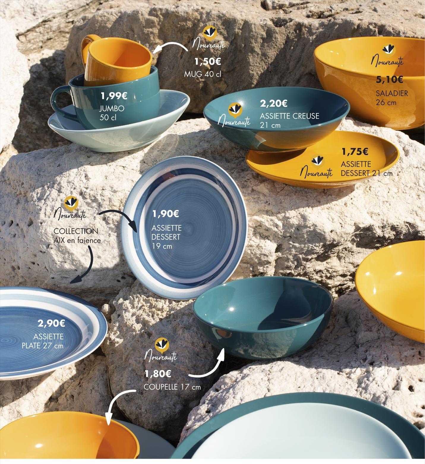 collection aix, assiette plate 27 cm, coupelle 17 cm, assiette dessert 19 cm, mug 40cl, assiette creusé 21 cm, assiette dessert 21 cm, saladier 26 cm