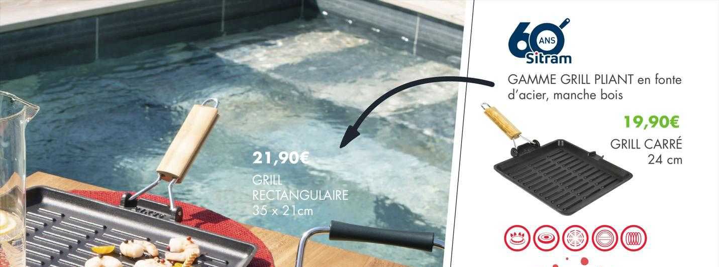 grill rectangulaire 35 x 21 cm, gamme grill pliant en fonte d'acier, manche bois, grill carré 24 cm