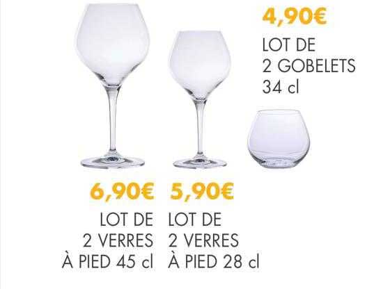 lot de 2 verres à pied 45cl, lot de 2 verres à pied 28cl, lot de 2 gobelets 34cl
