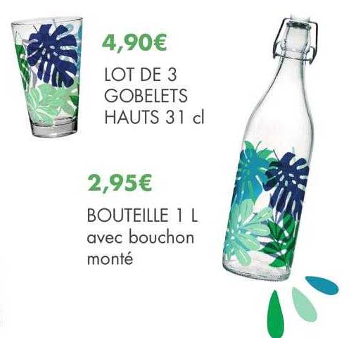lot de 3 gobelets hauts 31cl, bouteille 1l avec bouchon monté