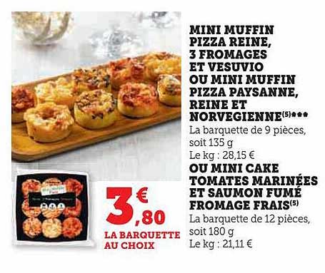 mini muffin pizza reine, 3 fromages et vesuvio ou mini muffin pizza paysanne, reine et norvégienne ou mini cake tomates marinées et saumon fumé fromage frais
