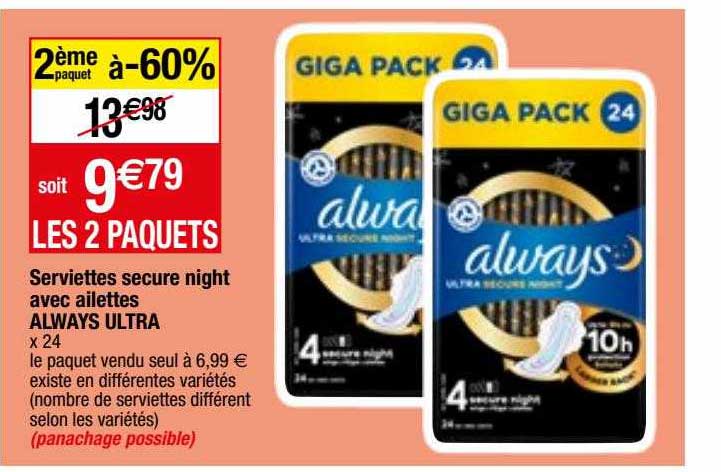 serviettes secure night avec ailettes always ultra