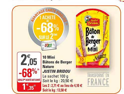 10 mini bâtons de berger nature justin bridou -68% sur le 2ème acheté
