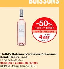 a.o.p. coteaux varois en provence saint hilaire rosé -50% sur le 2ème article