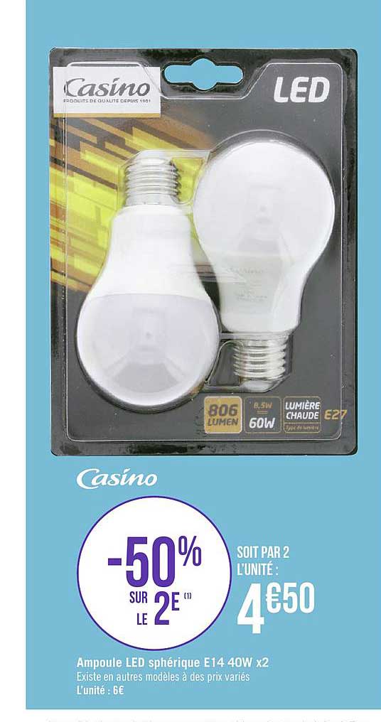 ampoule led sphérique e14 40w x2 -50% sur le 2e