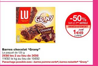barres chocolat grany -50% sur le 2ème article
