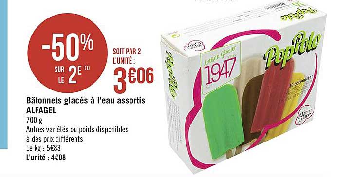 bâtonnets glacés à l'eau assortis alfagel -50% sur le 2e