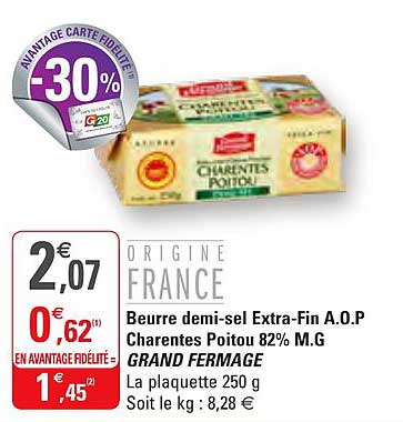 beurre demi sel extra fin a.o.p charentes poitu 82% m.g grand fermage
