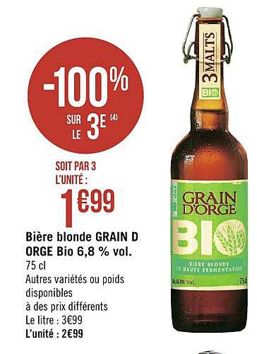 bière blonde grain d'orge bio 6.8% vol. -100% sur le 3e