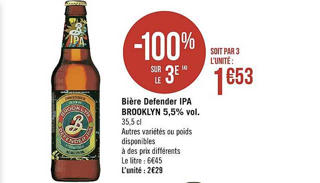 bière defender ipa brooklyn 5.5% vol. -100% sur le 3e