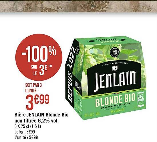 bière jenlain blonde bio non filtrée 6.2% vol. -100% sur le 3e