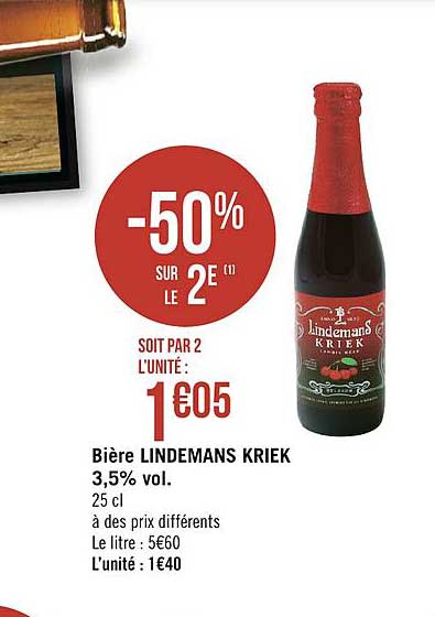 bière lindemans kriek -50% sur le 2e