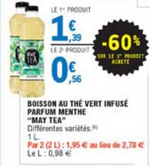boisson au thé vert infusé parfum menthe may tea -60% sur le 2e produit acheté