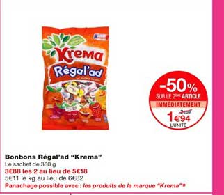 Bonbons Régal'ad Krema -50% Sur Le 2ème Article