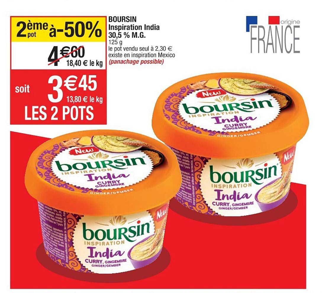 boursin inspiration india 30.5% m.g. 2ème pot à -50%
