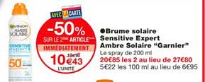 brume solaire sensitive expert ambre solaire garnier -50% sur le 2ème article