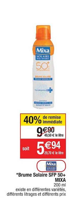brume solaire sfp 50+ mixa 40% de remise immédiate