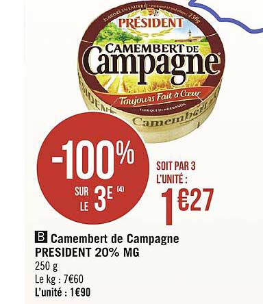 Camembert De Campagne President 20% Mg -100% Sur Le 3e
