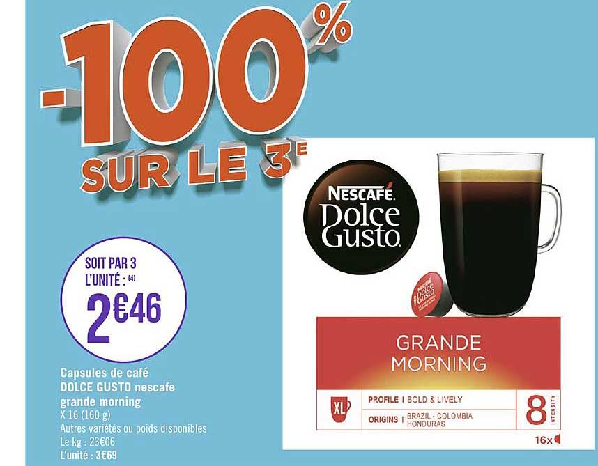 capsules de café dolce gusto nescafé grande morning -100% sur le 3e