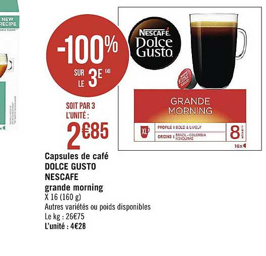 capsules de café dolce gusto nescafe grande morning -100% sur le 3e