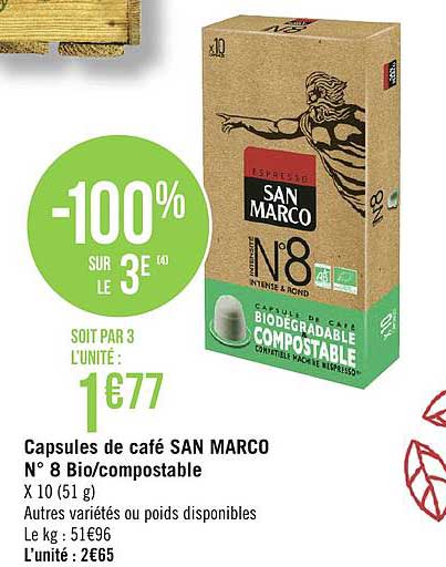 capsules de café san marco n°8 bio compostable -100% sur le 3e