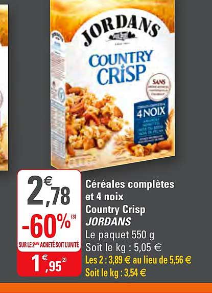 céréales complètes et 4 noix country crisp jordans -60% sur le 2ème acheté