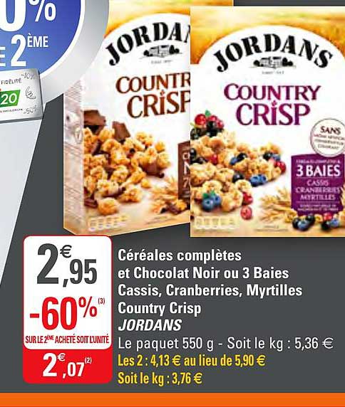 céréales complètes et chocolat noir ou 3 baies cassis cranberries myrtilles country crisp jordans -60% sur le 2ème acheté