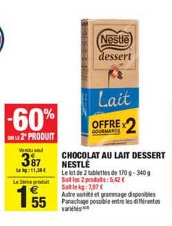 Chocolat Au Lait Dessert Nestlé -60% Sur Le 2e Produit