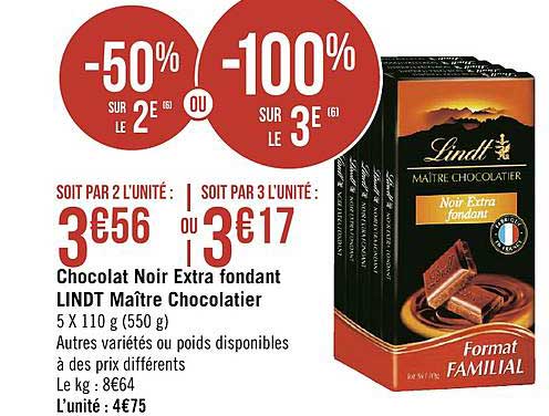 chocolat noir extra fondant lindt maître chocolatier -50% sur le 2e ou -100% sur le 3e