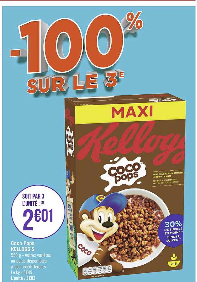 coco pops kellogg's -100% sur le 3e