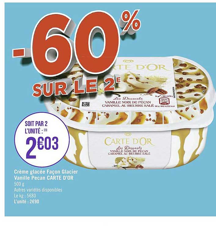 crème glacée façon glacier vanille pecan carte d'or -60% sur le 2e