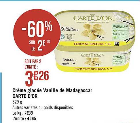 Crème Glacée Vanille De Madagascar Carte D'or -60% Sur Le 2e