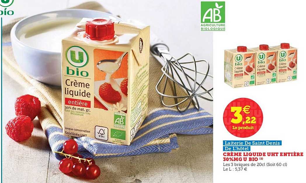 crème liquide uht entière 30%mg u bio laiterie de saint denis de l'hôtel