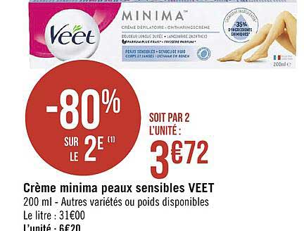 crème minima peaux sensibles veet -80% sur le 2e