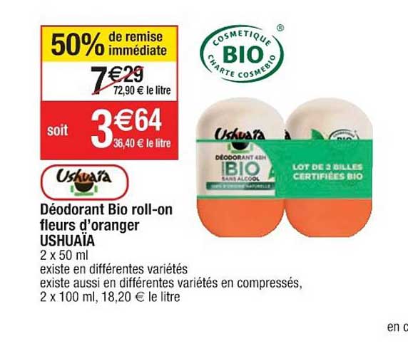 déodorant bio roll on fleur d'organger ushuaïa 50% de remise immédiate
