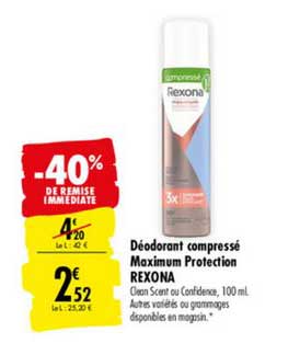 déodorant compressé maximum protection rexona -40% de remise immédiate