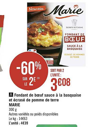 Fondant De Boeuf Sauce à La Basquaise Et écrasé De Pomme De Terre Marie -60% Sur Le 2e