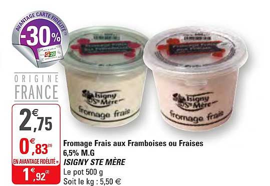 fromage frais aux framboises ou fraises 6.5% m.g isigny ste mère
