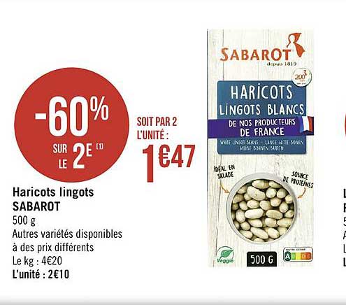 haricots lingots sabarot -60% sur le 2e