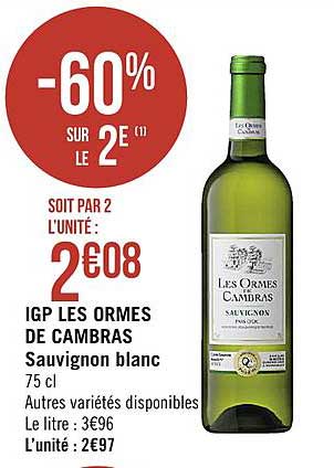 igp les ormes de cambras sauvignon blanc -60% sur le 2e