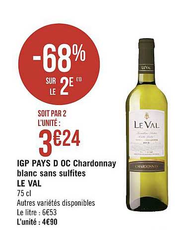 igp pay d'oc chardonnay blanc sans sulfites le val -68% sur le 2e
